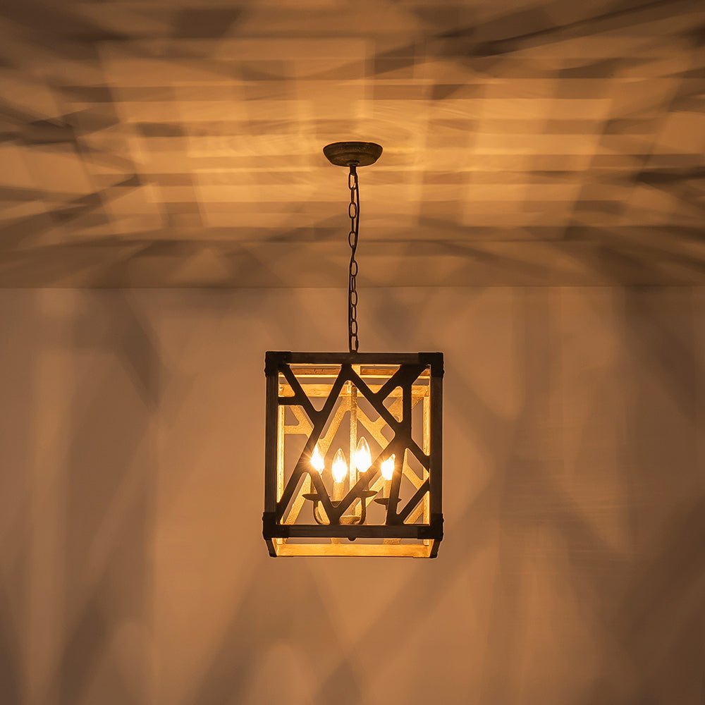 4-Light Distressed Wooden Square Cage Pendant Light