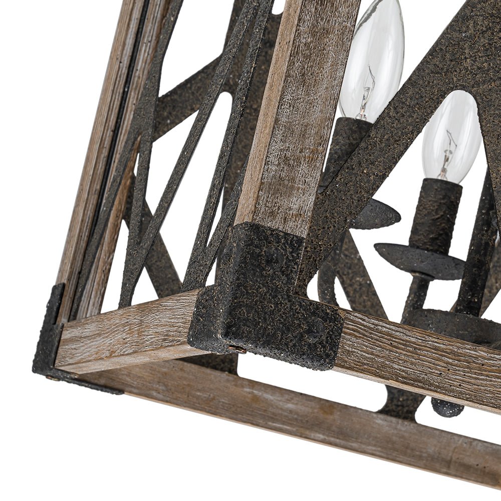 4-Light Distressed Wooden Square Cage Pendant Light