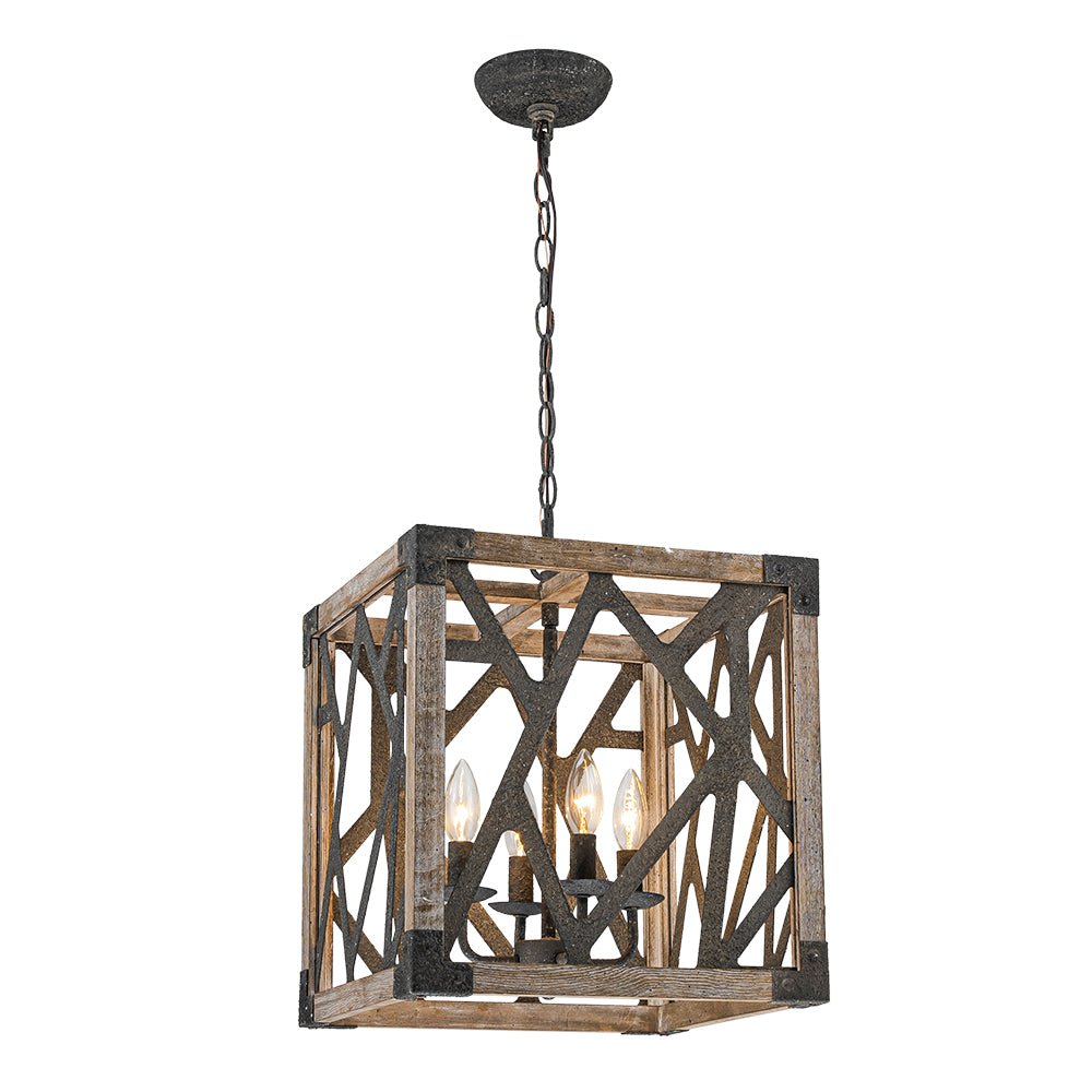 4-Light Distressed Wooden Square Cage Pendant Light