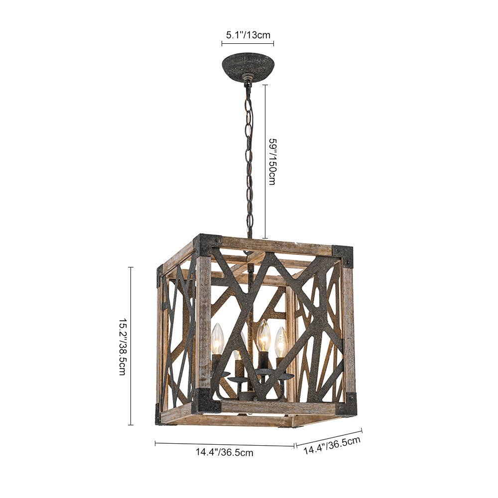 4-Light Distressed Wooden Square Cage Pendant Light