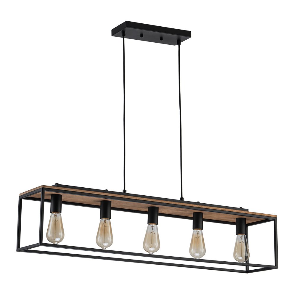 5-Light Aged Oak Iron Rectangle Cage Island Chandelier