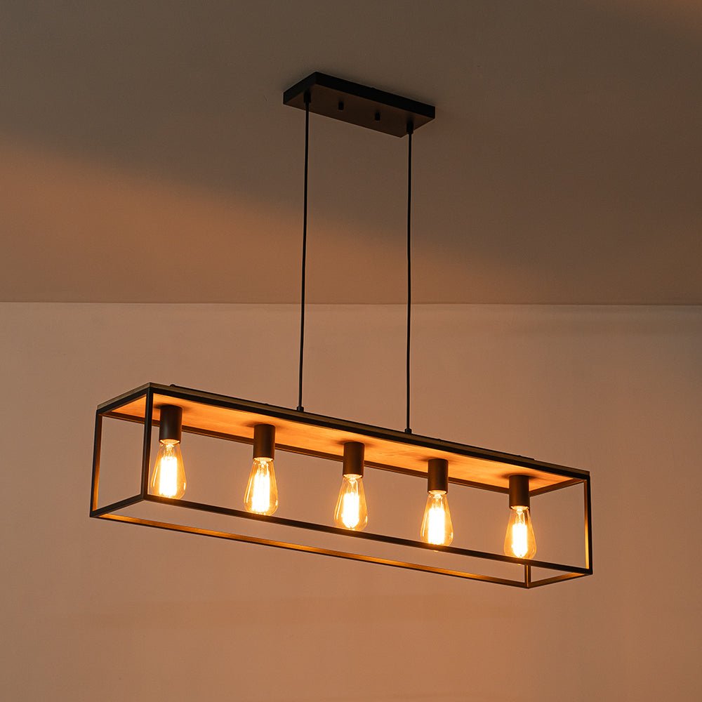5-Light Aged Oak Iron Rectangle Cage Island Chandelier