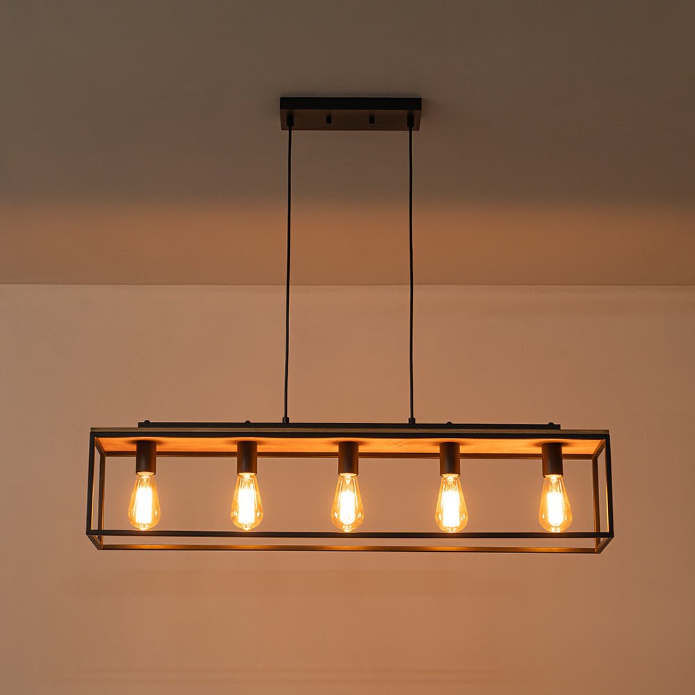 5-Light Aged Oak Iron Rectangle Cage Island Chandelier