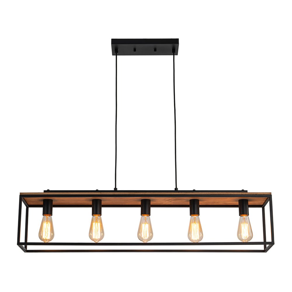 5-Light Aged Oak Iron Rectangle Cage Island Chandelier