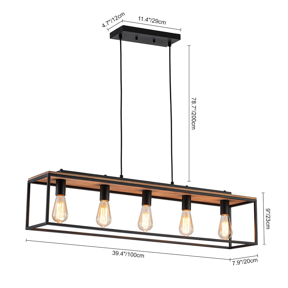 5-Light Aged Oak Iron Rectangle Cage Island Chandelier
