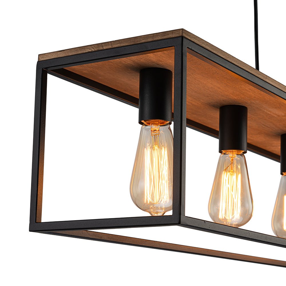 5-Light Aged Oak Iron Rectangle Cage Island Chandelier