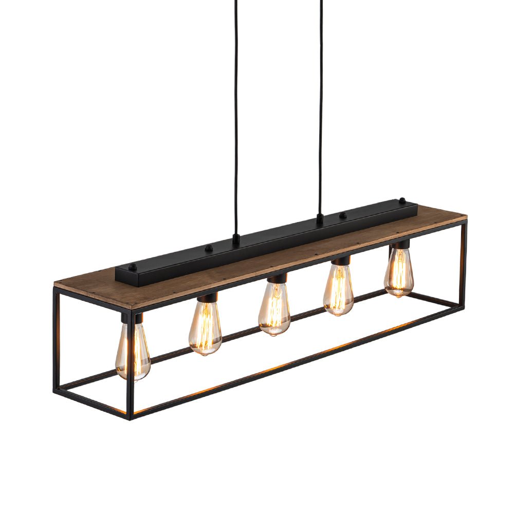 5-Light Aged Oak Iron Rectangle Cage Island Chandelier