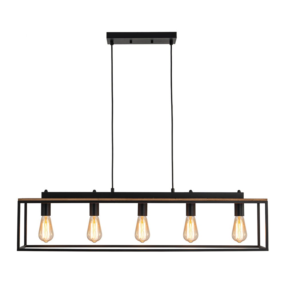 5-Light Aged Oak Iron Rectangle Cage Island Chandelier