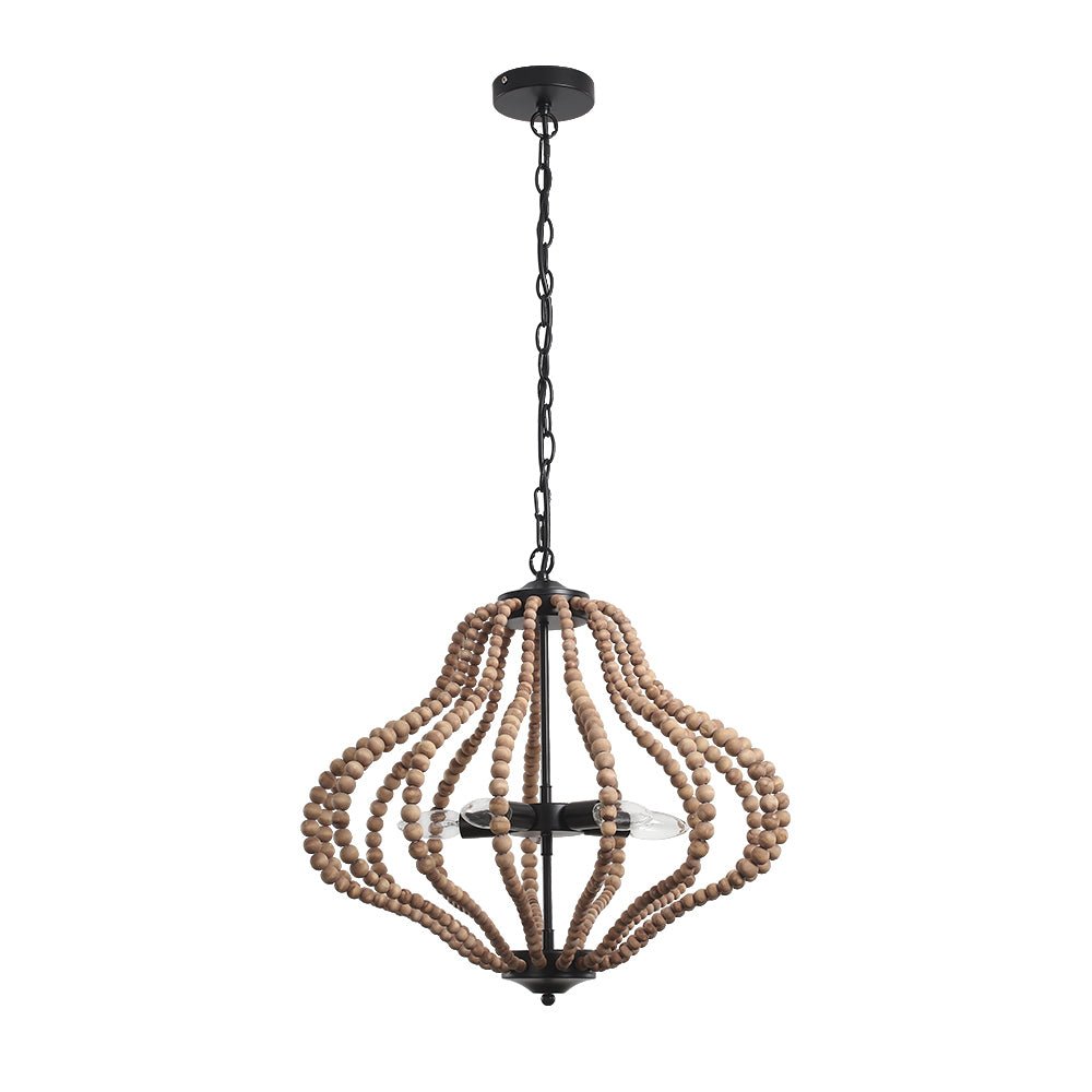 5-Light Bohemian Rustic Wood Bead Cage Pendant Light