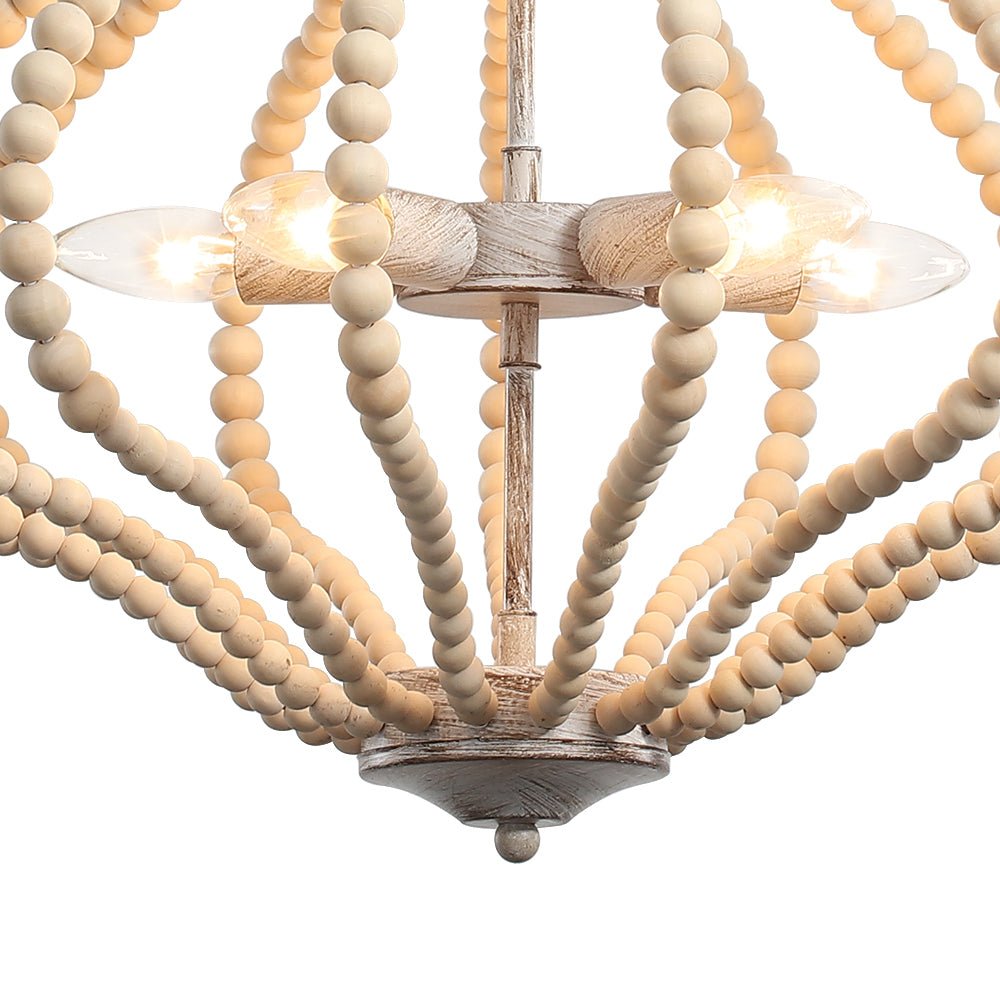 5-Light Bohemian Rustic Wood Bead Cage Pendant Light