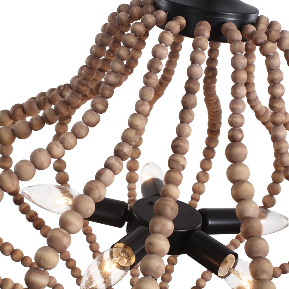 5-Light Bohemian Rustic Wood Bead Cage Pendant Light
