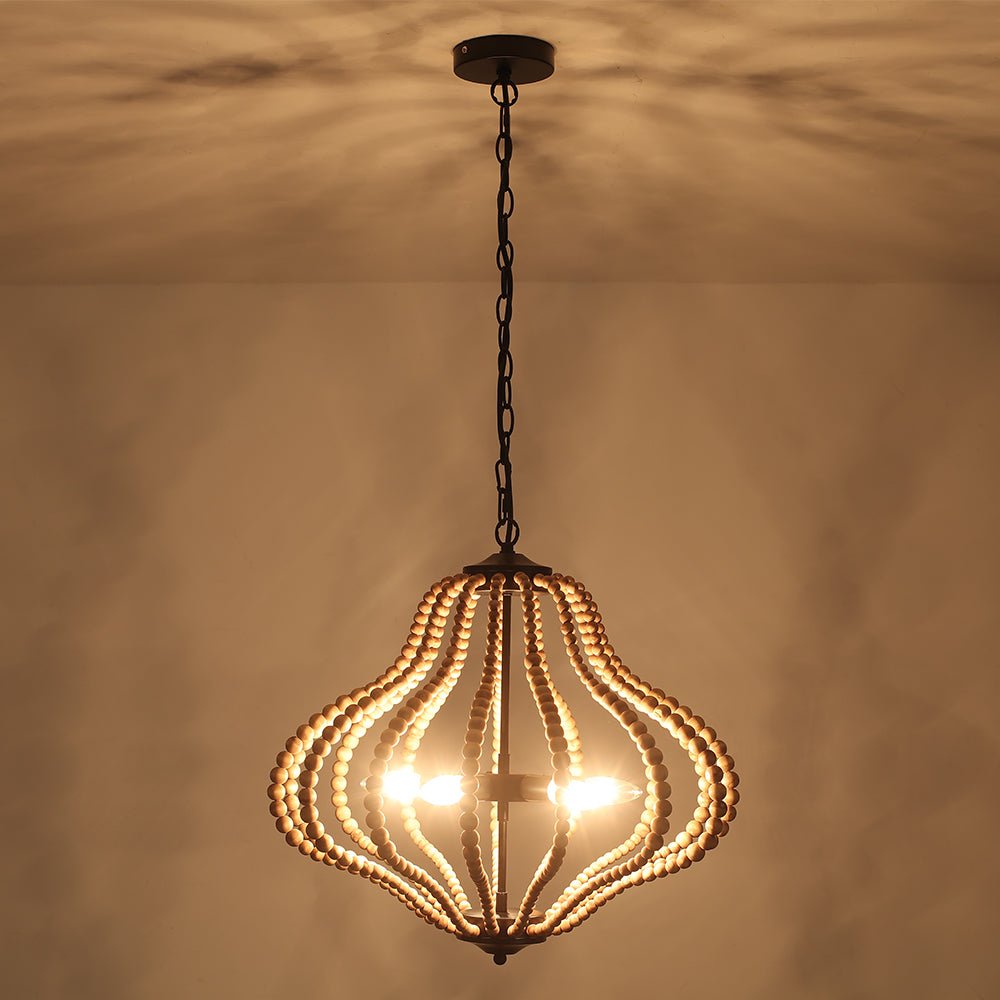 5-Light Bohemian Rustic Wood Bead Cage Pendant Light