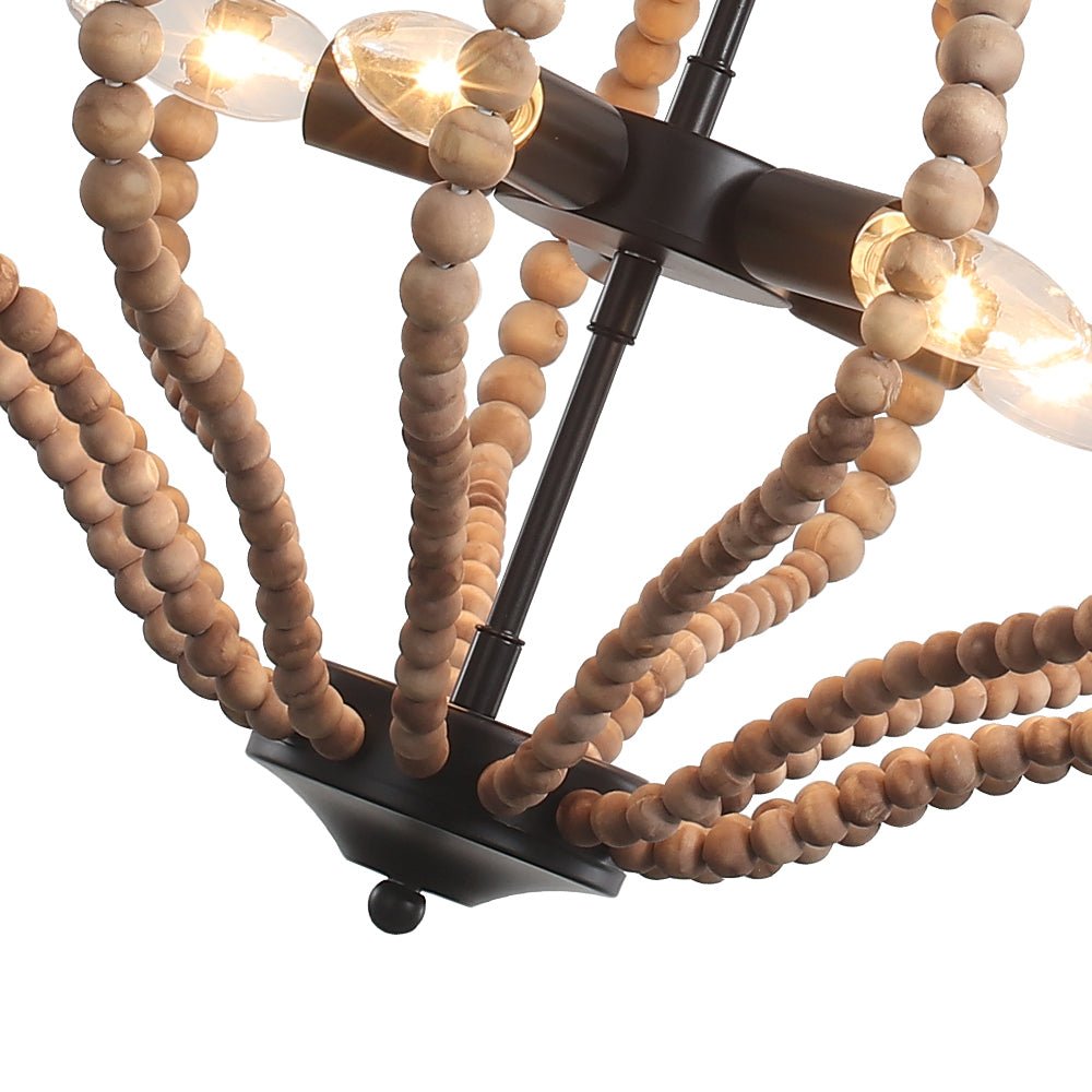 5-Light Bohemian Rustic Wood Bead Cage Pendant Light