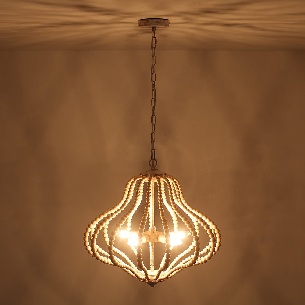 5-Light Bohemian Rustic Wood Bead Cage Pendant Light