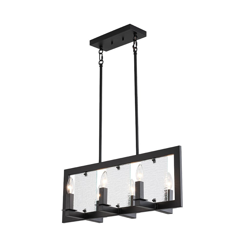 6-Light Candle Ripple Glass Black Rectangle Island Pendant