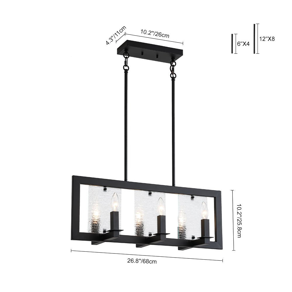 6-Light Candle Ripple Glass Black Rectangle Island Pendant