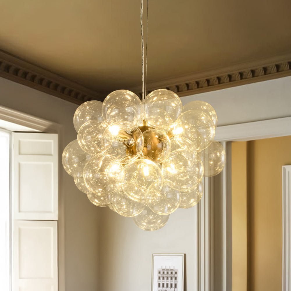 6-Light Dimmable Brass Cluster Clear Glass Bubble Sphere Chandelier