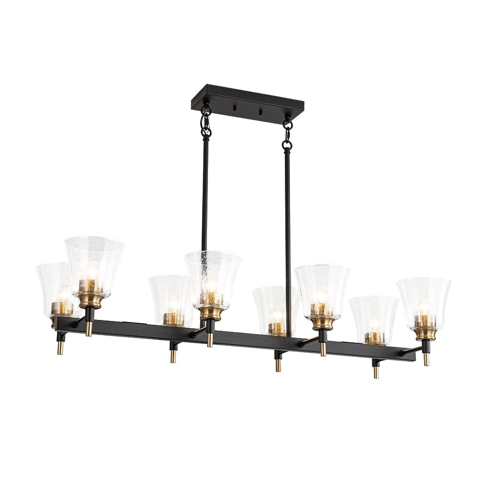 8-Light Seeded Glass Black Brass Linear Island Chandelier