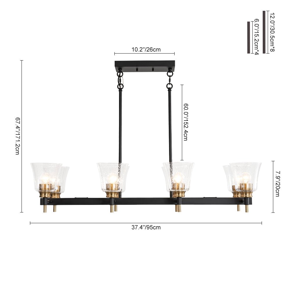 8-Light Seeded Glass Black Brass Linear Island Chandelier
