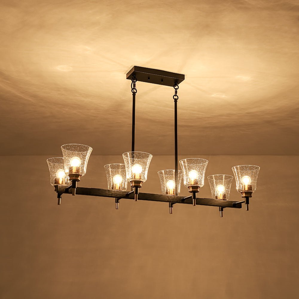 8-Light Seeded Glass Black Brass Linear Island Chandelier
