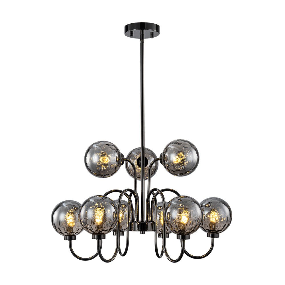 9-Light Hammered Smoked Glass Bubble Black Sputnik Chandelier