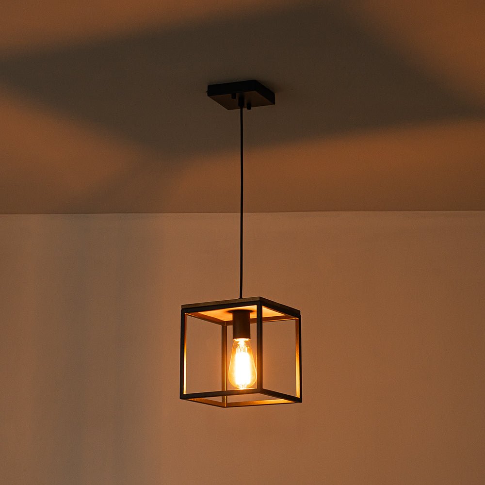 Aged Oak Iron Square Cage Single Kitchen Pendant Light