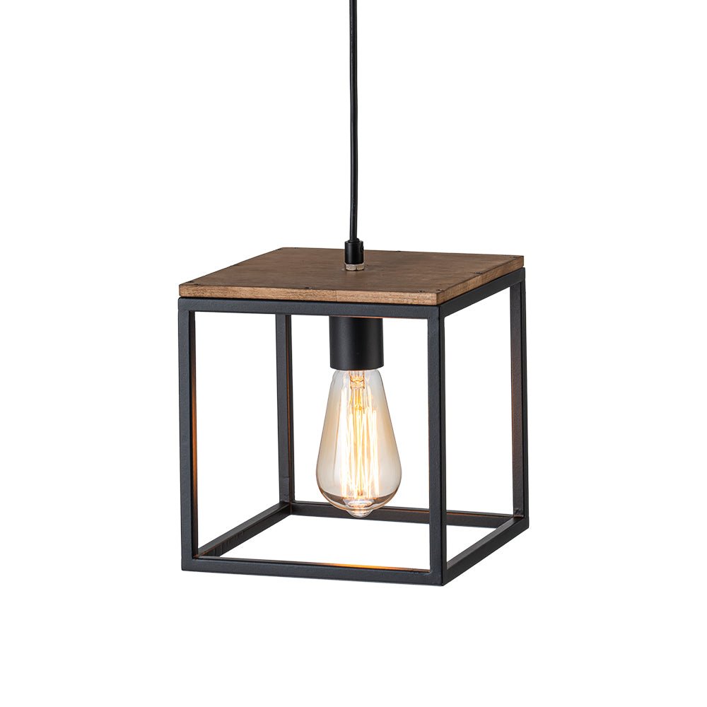 Aged Oak Iron Square Cage Single Kitchen Pendant Light