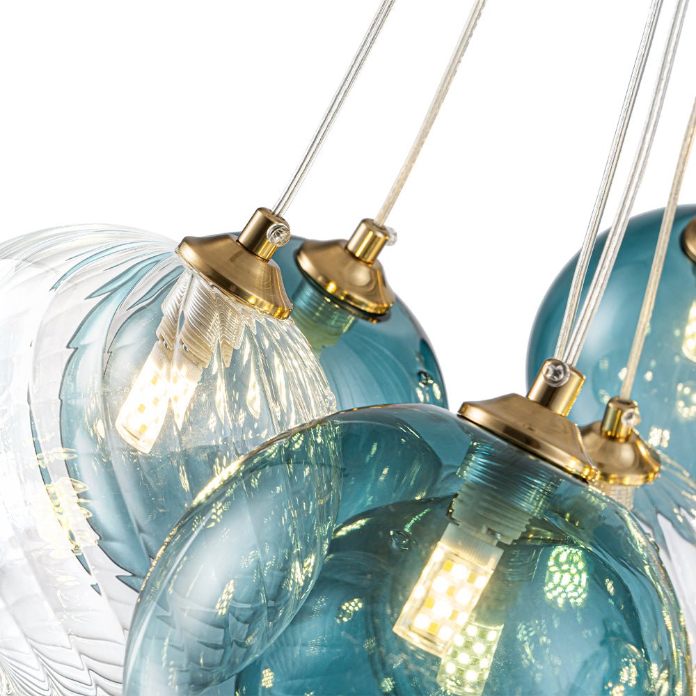 Art Deco Blue Hue Cluster Glass Globe Bubble Chandelier