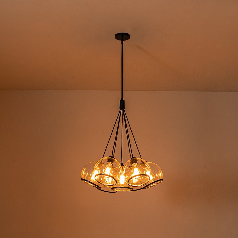 Black 7-Light Cluster Clear Glass Globe Chandelier