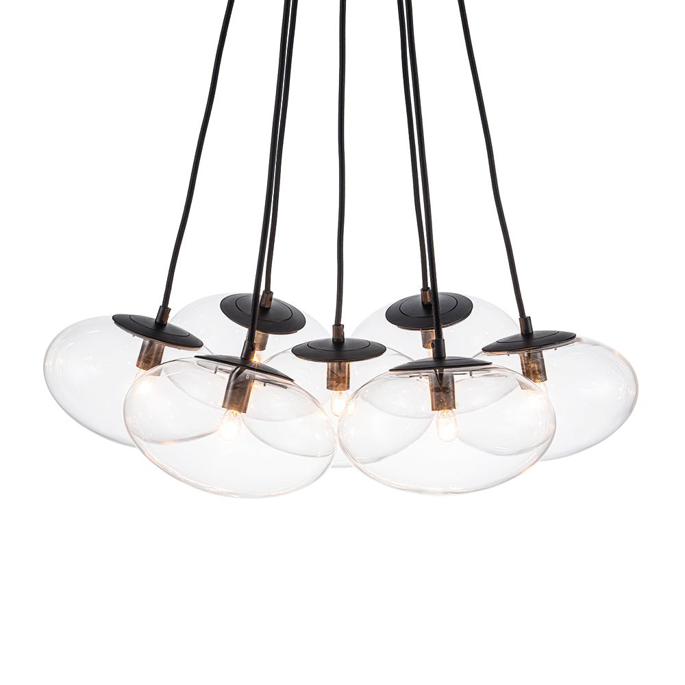 Black 7-Light Cluster Clear Glass Oval Globe Chandelier