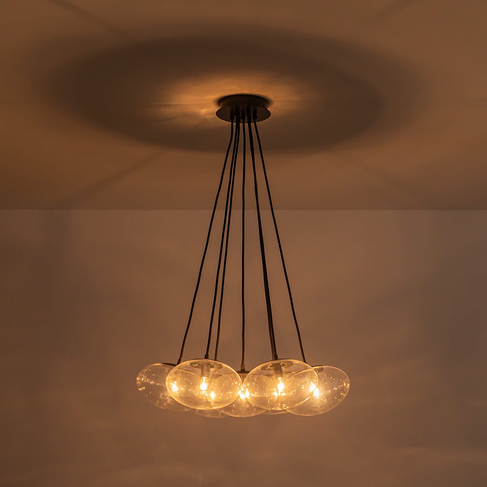 Black 7-Light Cluster Clear Glass Oval Globe Chandelier