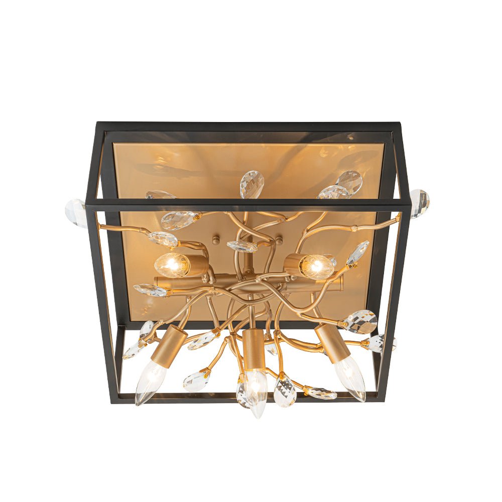 Black Brass Crystal Branch Square Lantern Flush Mount Light