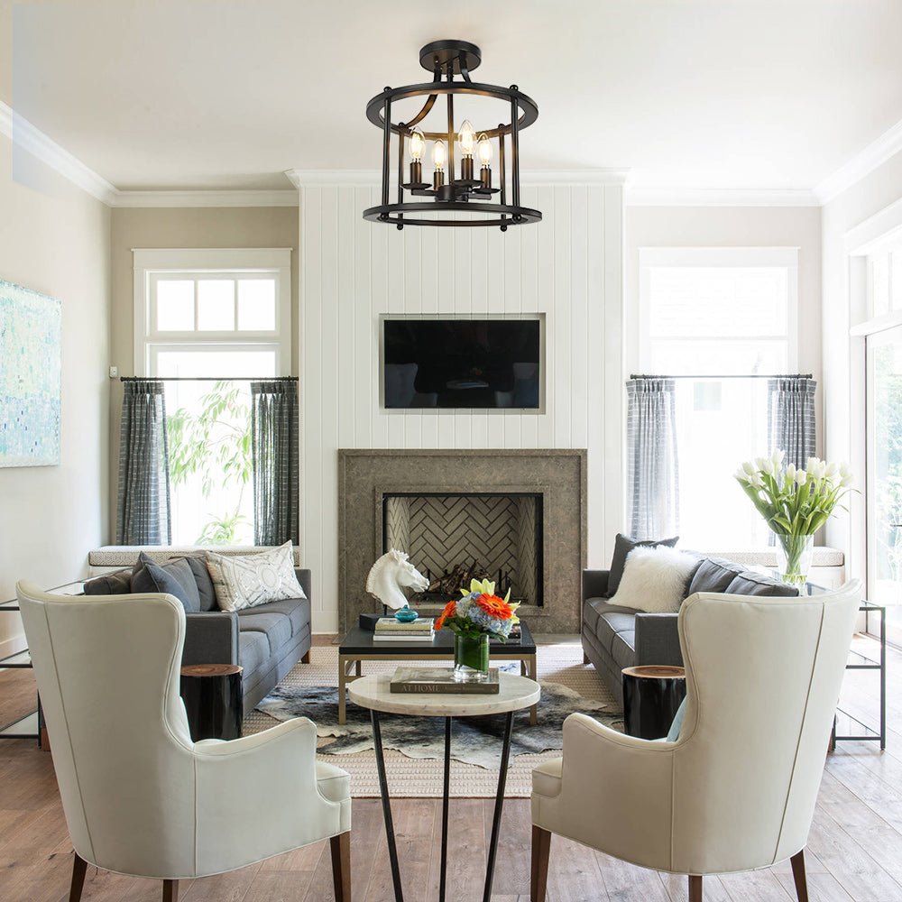 Black Round Lantern Semi Flush Mount Lighting