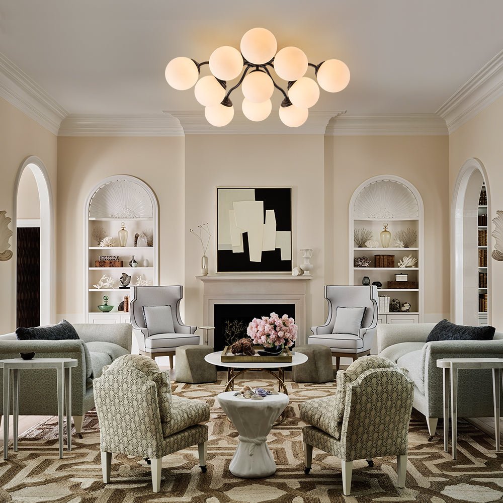Bloom Brass Frosted Glass Bubble Semi Flush Chandelier