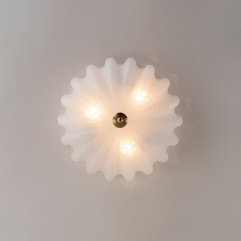 Boho Pleated Flower White Crackled Glass Semi Flush