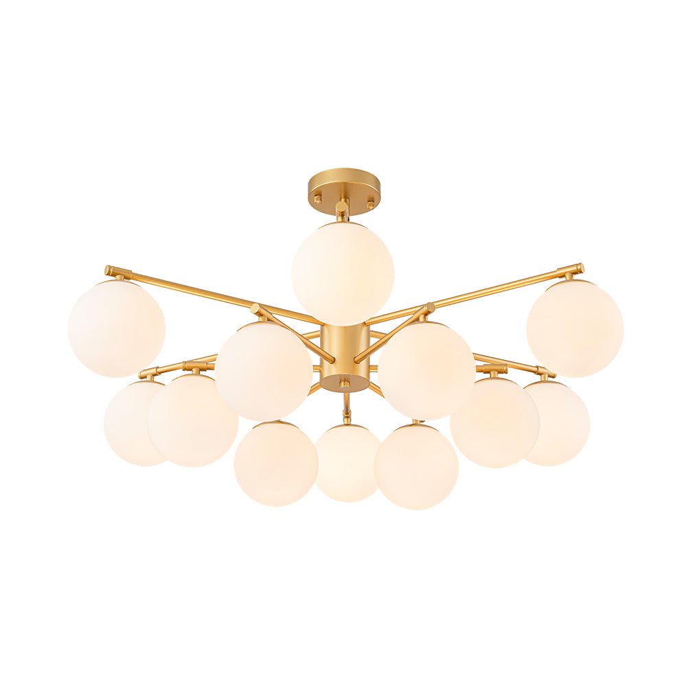 12-Light Brass Tiered Opal Glass Bubble Semi Flush Chandelier
