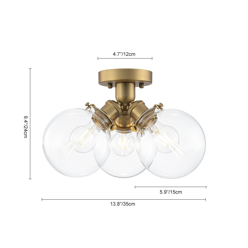 Brass 3-Light Clear Glass Glass Globe Ceiling Light