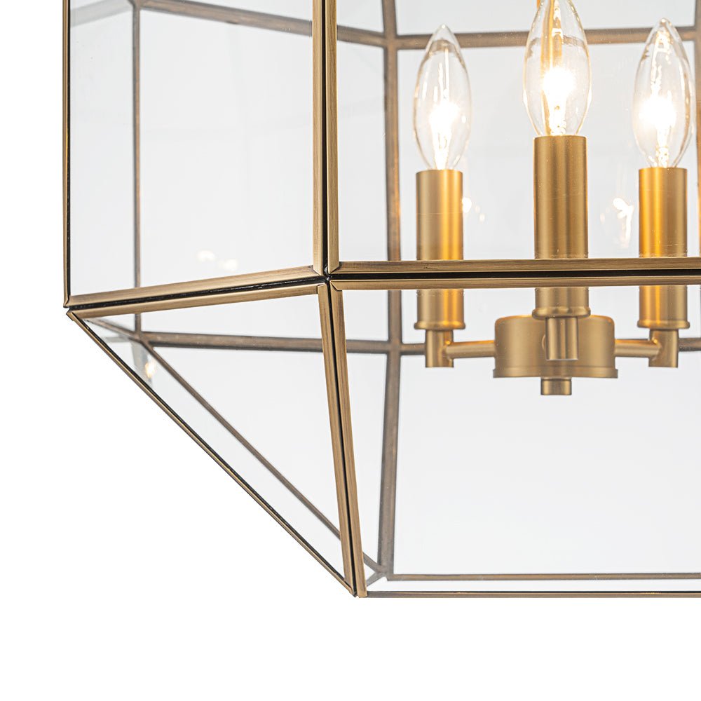 Brass Clear Glass Geometric Cube Lantern Pendant Light