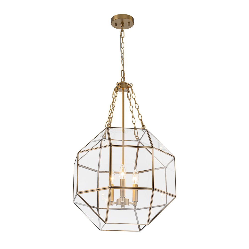 Brass Clear Glass Geometric Cube Lantern Pendant Light
