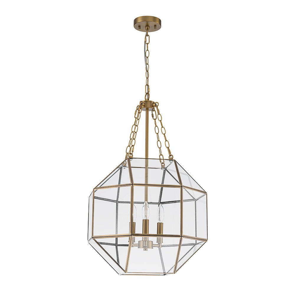 Brass Clear Glass Geometric Cube Lantern Pendant Light