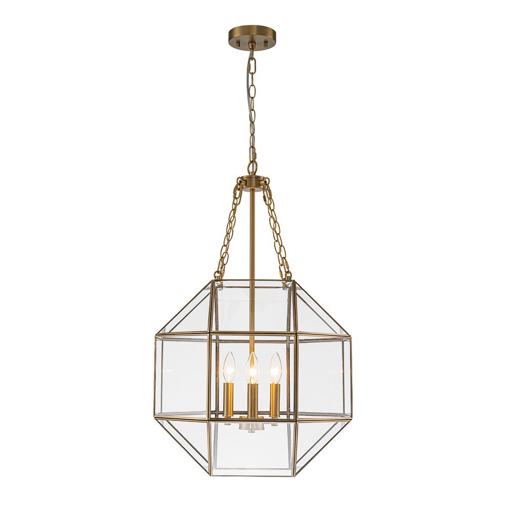 Brass Clear Glass Geometric Cube Lantern Pendant Light