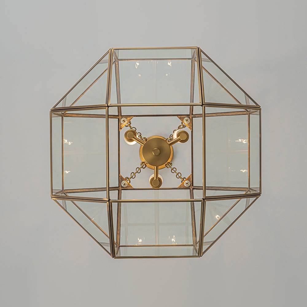Brass Clear Glass Geometric Cube Lantern Pendant Light