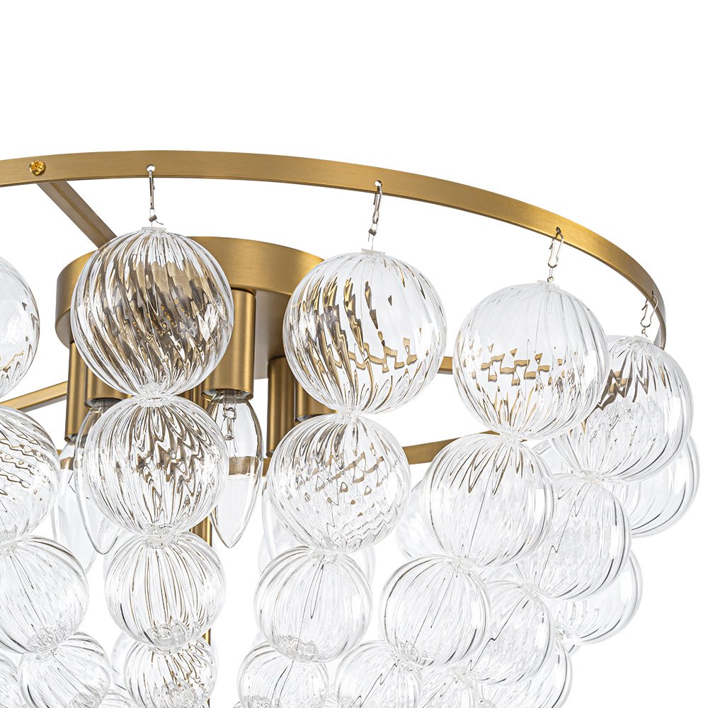 Brass Draped Ribbed Glass Globe Round Semi Flush Chandelier