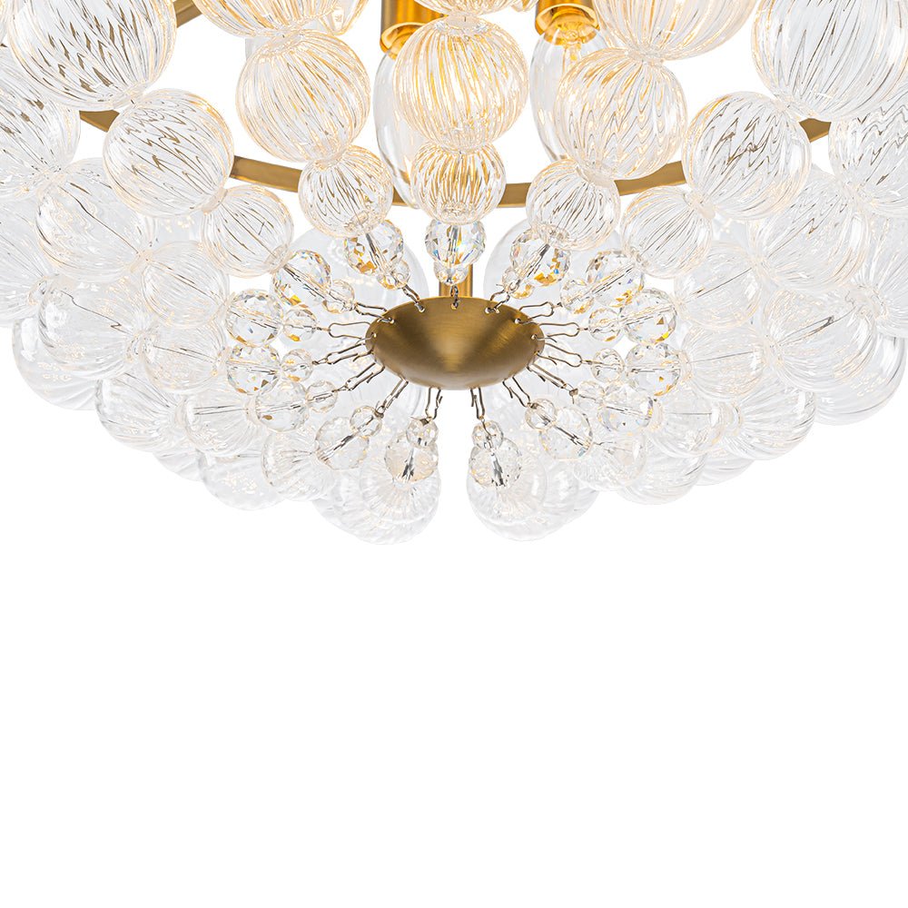 Brass Draped Ribbed Glass Globe Round Semi Flush Chandelier
