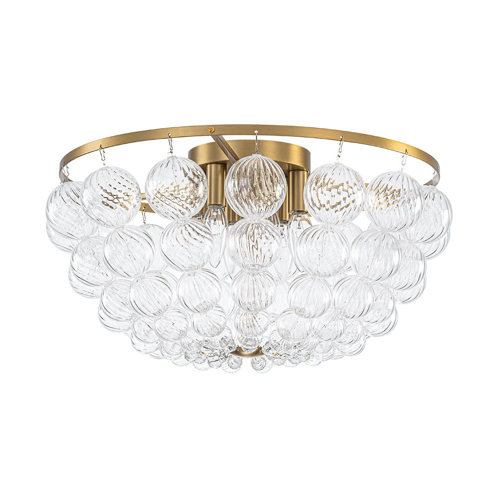 Brass Draped Ribbed Glass Globe Round Semi Flush Chandelier