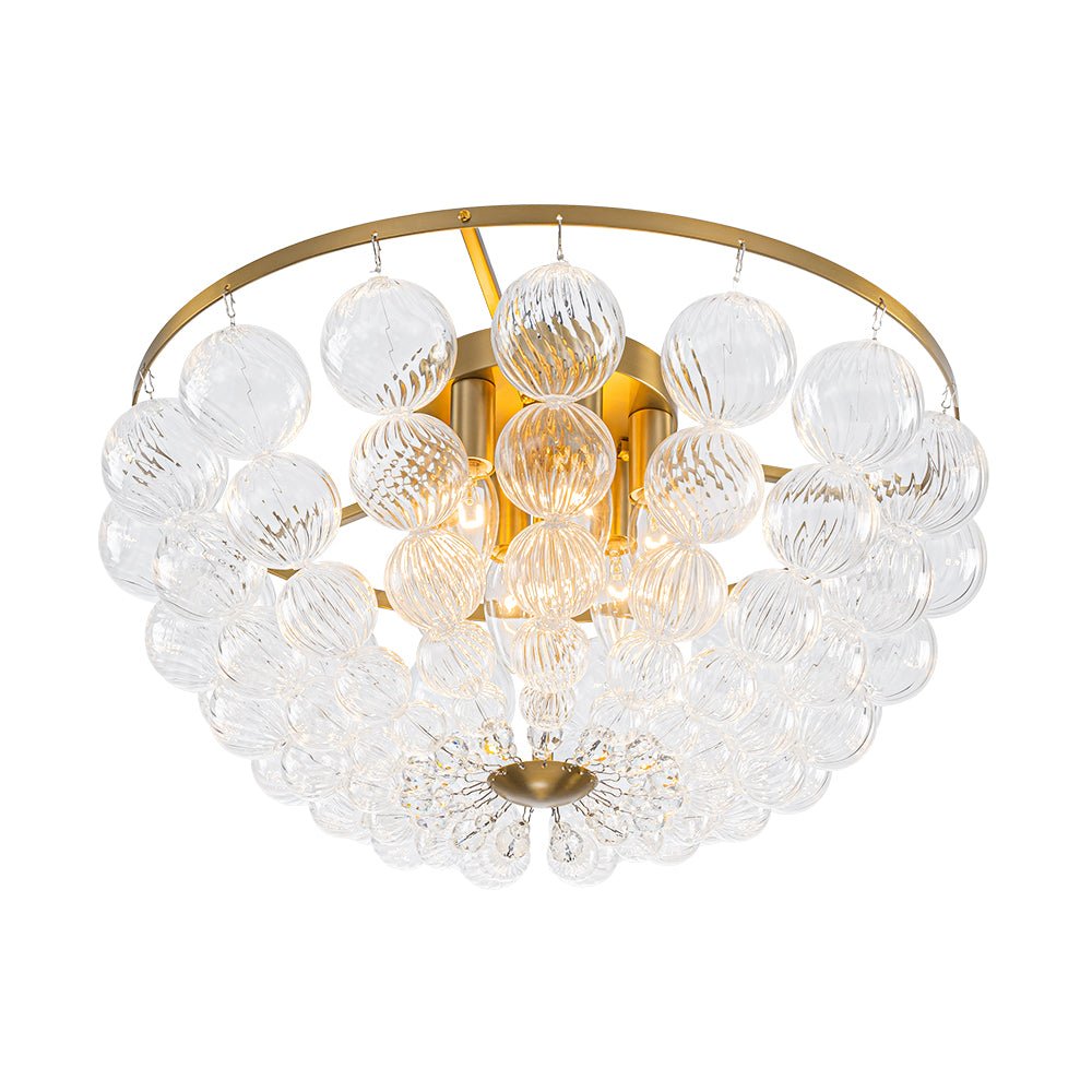 Brass Draped Ribbed Glass Globe Round Semi Flush Chandelier
