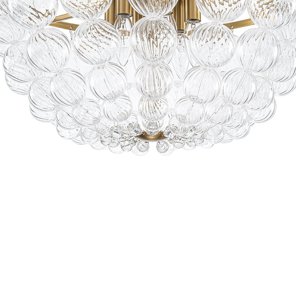 Brass Draped Ribbed Glass Globe Round Semi Flush Chandelier