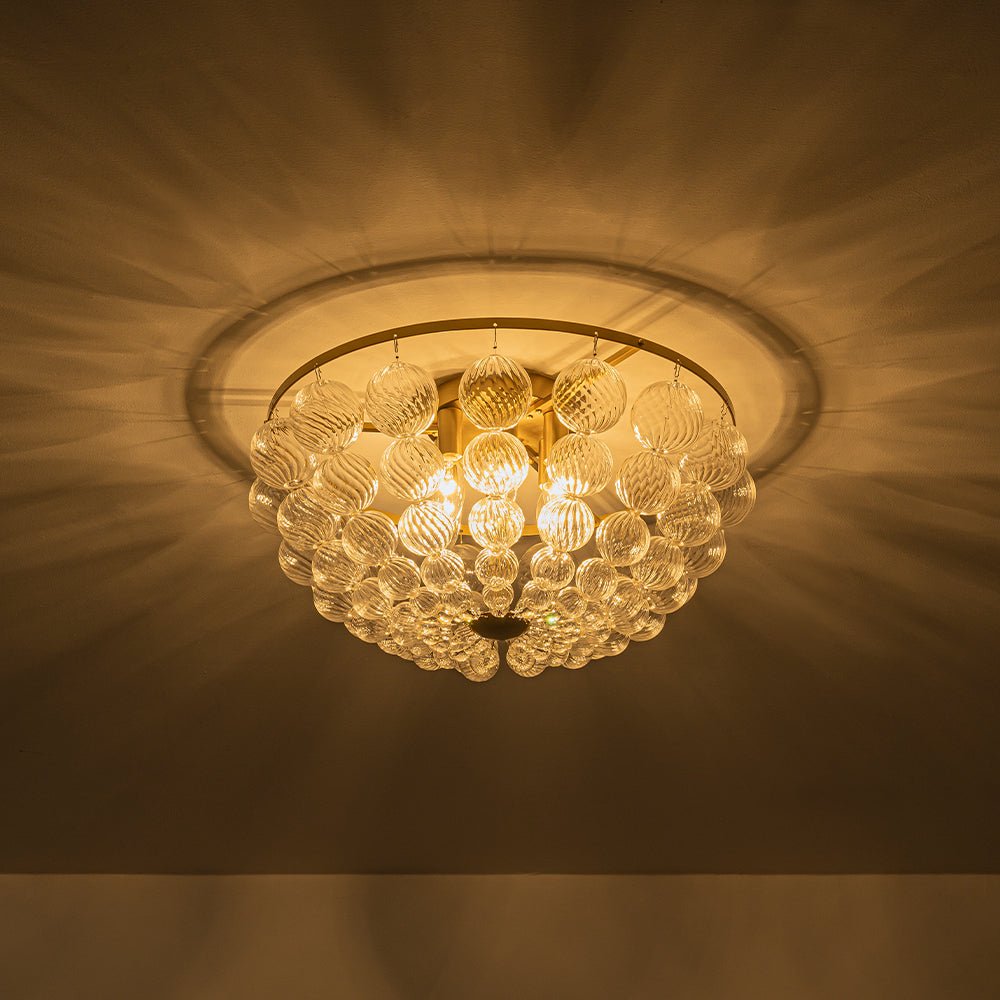 Brass Draped Ribbed Glass Globe Round Semi Flush Chandelier