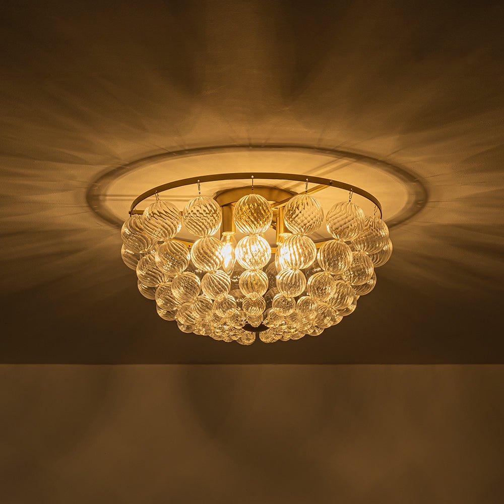 Brass Draped Ribbed Glass Globe Round Semi Flush Chandelier