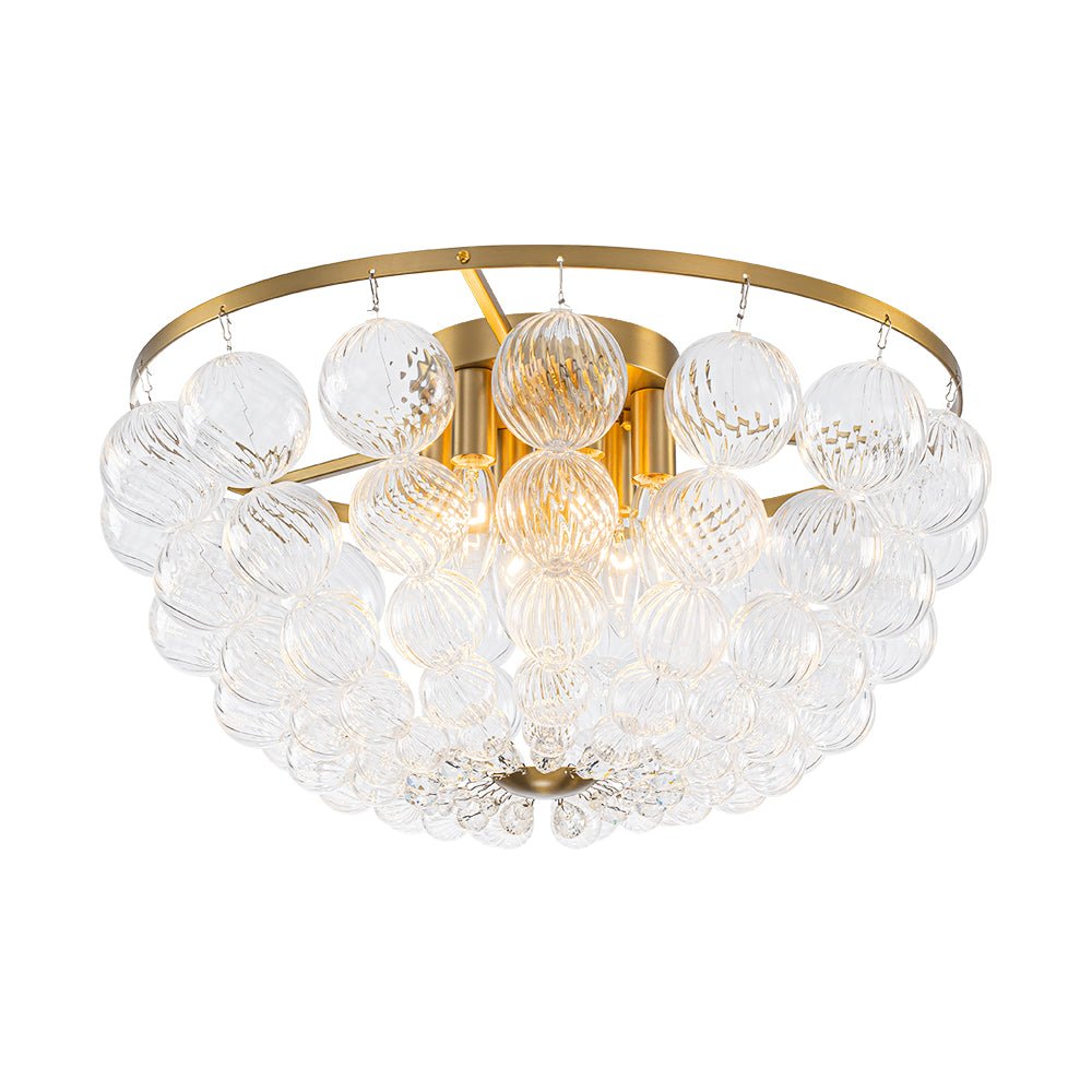 Brass Draped Ribbed Glass Globe Round Semi Flush Chandelier